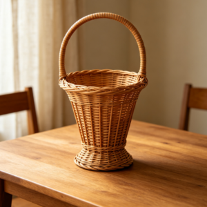 Vintage Tall-Profile Woven Rattan Basket with Single Handle – For Fruit Storage, Picnics, Foraging, or Use as a Vase