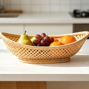 Boat-Shaped Rattan Fruit Tray with Diamond Open-Weave Pattern