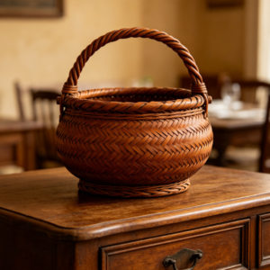 Vintage Dark Brown Herringbone-Weave Rattan Fruit Basket with Handle