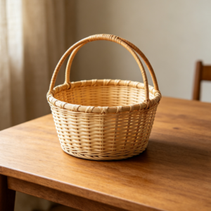 Portable Round Woven Rattan Fruit Basket with Single Handle – Ideal for Tabletop Storage, Picnics, and Harvesting