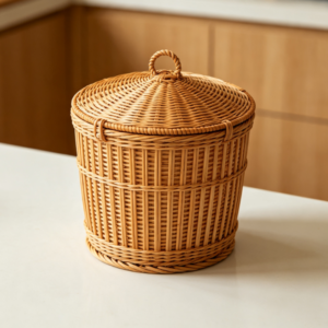 Round Woven Rattan Storage Bin with Lid – Airtight Container for Kitchen Staples (Rice, Grains) & Desktop Organizer
