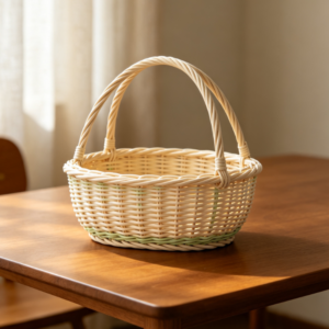 Cream-White & Pale Green Two-Tone Woven Rattan Fruit Basket