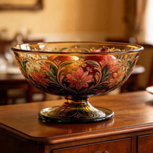 European Vintage-Style Hand-Painted Floral Glass Fruit Basket – Pedestal Decorative Bowl