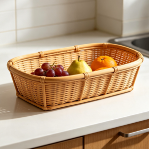 Rectangular Shallow Woven Rattan Fruit Basket – Kitchen Countertop Tray for Fruit, Vegetables, Bread, and Snacks