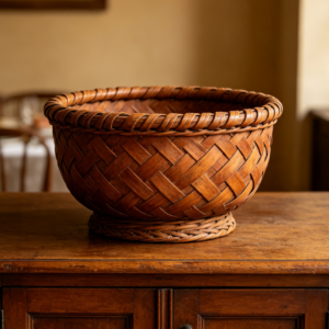 Vintage Dark Brown Thickened Cross-Woven Rattan Fruit Bowl – American Country Style Pedestal Fruit Basket