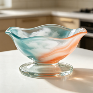 Handcrafted Glass Fruit Basket with Gradient "Sea of ​​Clouds" & Wavy Rim