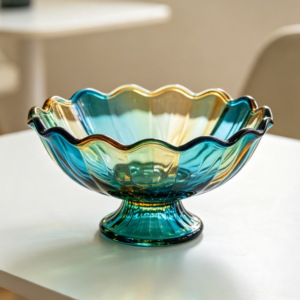 Lapis-to-Gold Gradient Vertical-Ribbed Petal-Shaped Pedestal Glass Fruit Basket